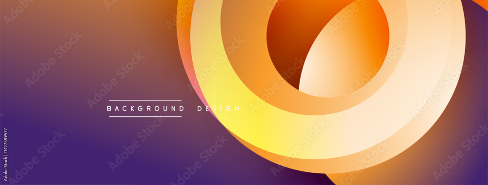 Poster Abstract design features layered circles. Warm color palette transitions from purple to orange, yellow hues create dynamic visual effect. Modern, minimalist aesthetic.
