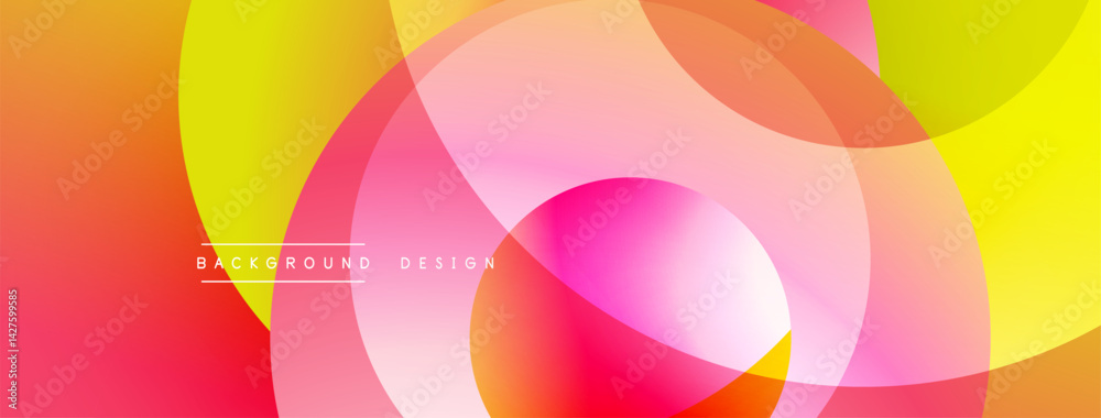 Poster vibrant overlapping circles create dynamic abstract composition. warm colors blend, forming smooth g