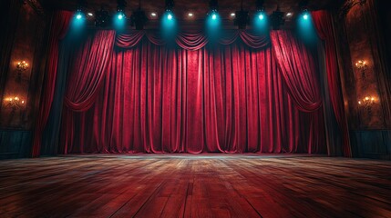 A grand theatrical stage, draped in deep crimson velvet.
