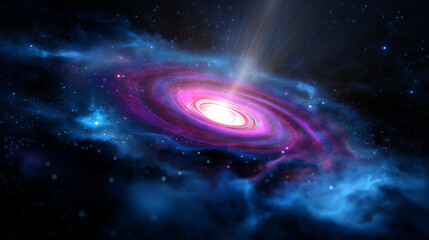 Bright pink and blue spiral galaxy glowing in deep space surrounded by stars and cosmic dust.
