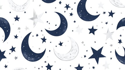 Celestial pattern of navy and silver moons and stars