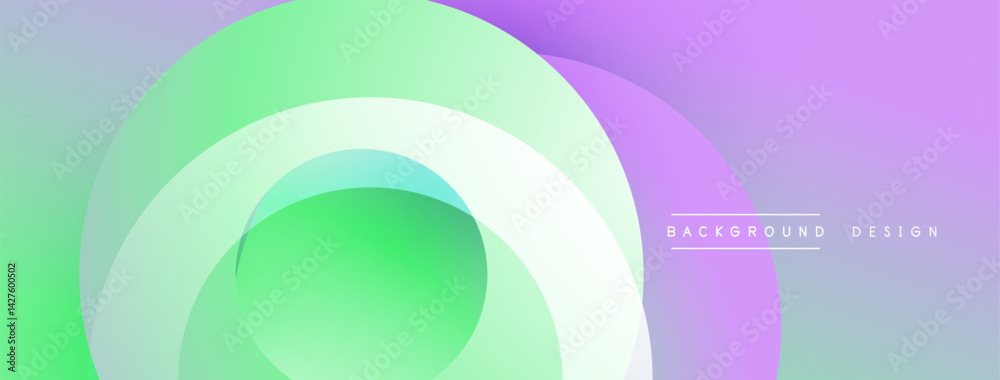 Poster Abstract background features layered circular shapes. Colors transition from green, turquoise to purple creating soft gradients. Minimalist design suitable for digital projects.