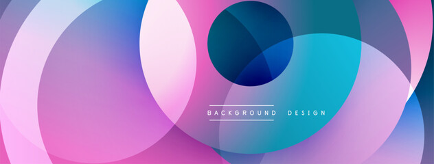 Abstract composition featuring overlapping translucent circles. Colors blend from pinks, blues to purples creating dynamic visual effect. Modern design element suitable for backgrounds.