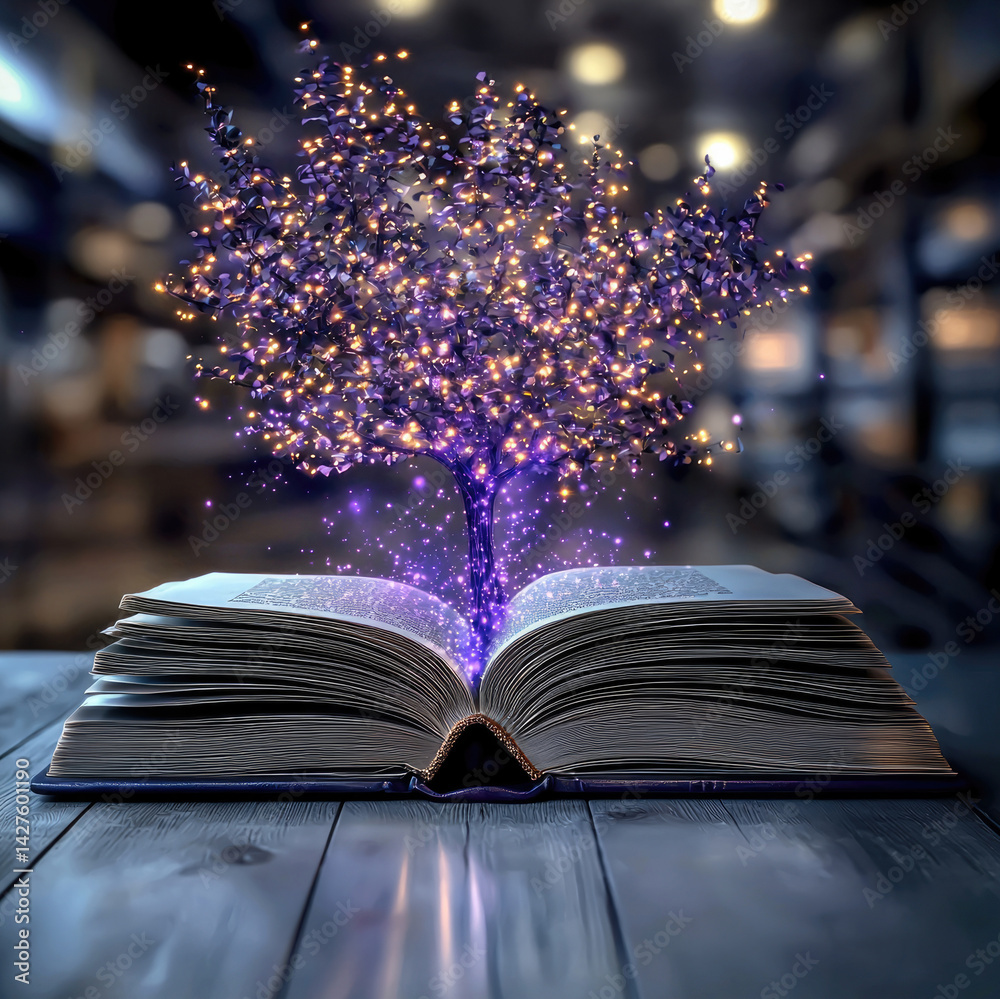 Aufkleber Open book with magical tree emerging from its pages, surrounded by sparkling lights, creating whimsical atmosphere in library setting