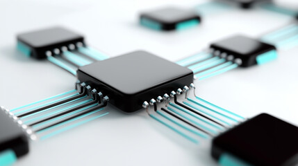 Close-up of black microchips mounted on a white circuit board, highlighting electronic components and technology detail.
