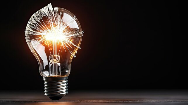 Explosion of lightbulb in high-speed bulb shattering concept. A broken light bulb radiating brilliance in darkness.