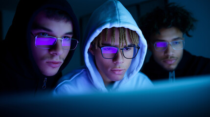 Focused young men in hoodies working on computers in a dark room lit by neon screens, reflecting code in their glasses.
