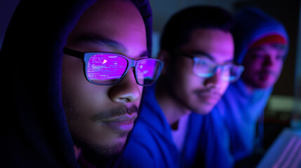 Focused young men in hoodies working on computers in a dark room lit by neon screens, reflecting code in their glasses.
