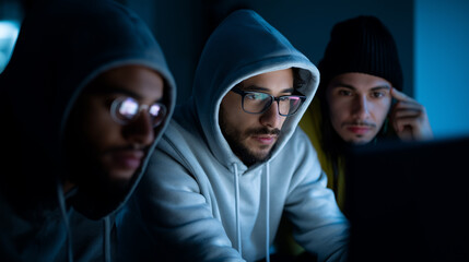 Focused young men in hoodies working on computers in a dark room lit by neon screens, reflecting code in their glasses.
