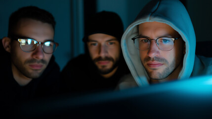 Focused young men in hoodies working on computers in a dark room lit by neon screens, reflecting code in their glasses.
