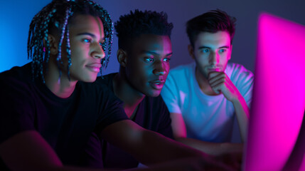 Focused young men in hoodies working on computers in a dark room lit by neon screens, reflecting code in their glasses.
