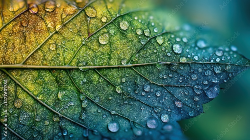 Aufkleber Close-up View of a Leaf Showcasing Intricate Veins and Morning Dew Droplets Illuminated by Soft Light