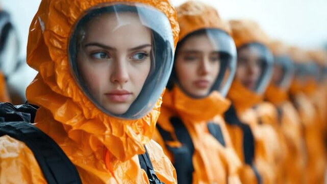 Protective Vigilance: A row of individuals, donned in bright orange hazmat suits and clear visors, stand ready with an aura of preparedness and vigilance. This image conveys the gravity of their work