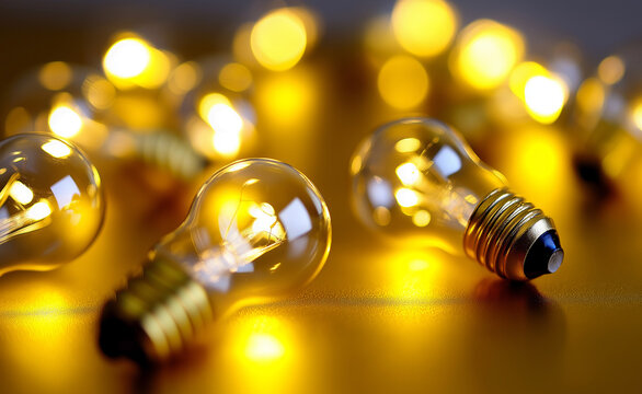 Glowing yellow light bulbs scattered on a reflective surface, symbolizing ideas and creativity.
