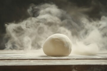 Fresh Dough Ball on a Wooden Table with Flour Dust in the Air, Contemporary Food Art, Nostalgia of Pizza Making Process Concept
