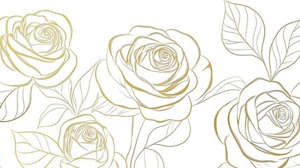 Elegant seamless gold rose line art pattern on a white background, featuring simple flat design in minimalistic linear vector style for high-resolution digital use.  