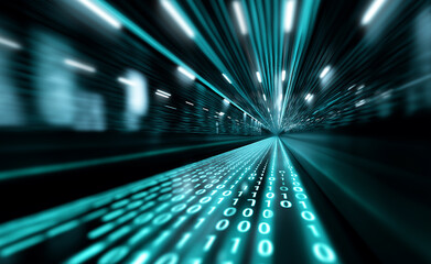 Futuristic digital highway made of binary code speeding through a neon-lit cyber cityscape.
