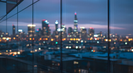 Fototapeta premium Panoramic Cityscape Reflected on Clean Windows in Urban Evening Setting