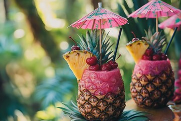 Pineapple Piña Colada Cocktail with Cherries on top and a Small Beach Paper Umbrella, Fun Summer Drink Concept Idea