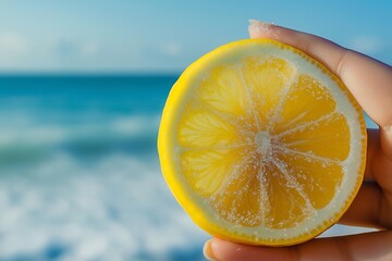 Close-up of a Hand Holding a Lemon Slice with Sugar Crystals against  a Beach Background, Summer Fruity Snack Idea