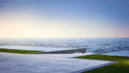 Empty concrete floor terrace near water in pond. 3d rendering of pool with sea and clear sky background.