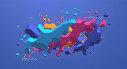 Abstract Dynamic Fluid Shapes on Blue Background Artistic Composition