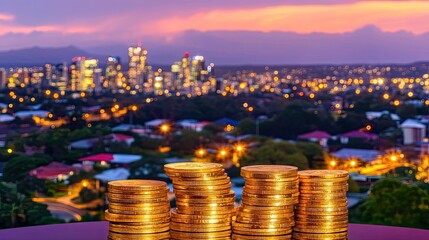 City Skyline Investment Golden Coins at Sunset.