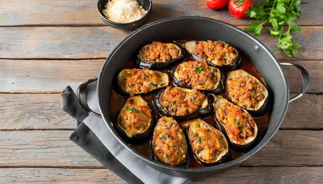 Karni Yarik - Turkish Cuisine - Close-up of the vibrant colors and textures of a plate of Karniyarik, highlighting the stuffed eggplants with tomatoes, onions, and herbs