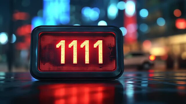 Neon digital clock displaying 1111 in a vibrant city street at night with blurred lights