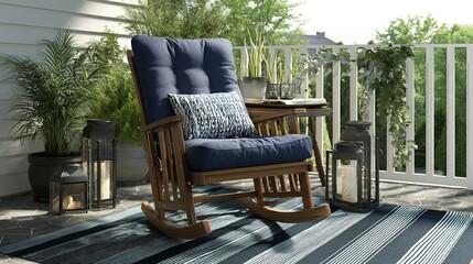 Fototapeta premium Comfortable wooden rocking chair on a patio, perfect for relaxation.