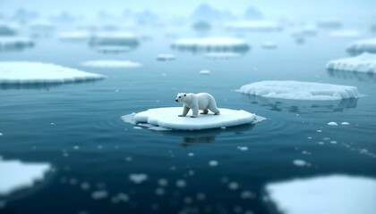 Naklejka premium A lone polar bear adrift on a small, melting ice floe in a vast, empty blue sea. Minimalist style, focus on isolation.