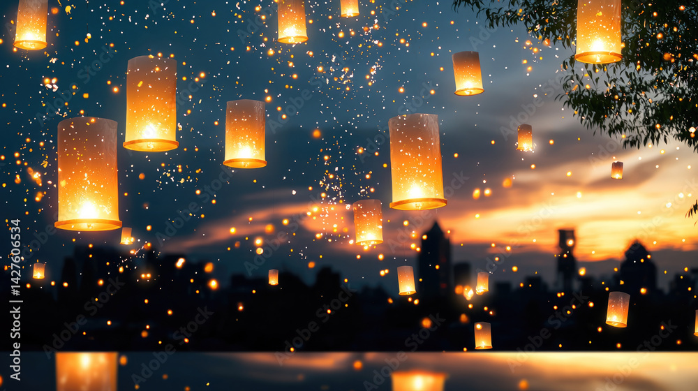 Poster magical floating lanterns illuminate night sky, creating serene atmosphere filled with sparkling lig