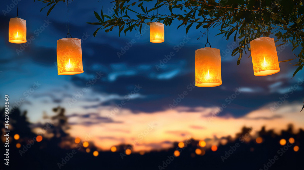 Poster Magical floating lanterns illuminate evening sky, creating serene atmosphere. warm glow contrasts beautifully with twilight backdrop, evoking sense of wonder and tranquility