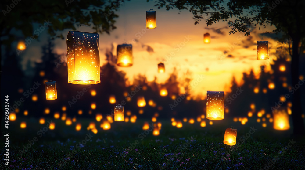 Poster Magical floating lanterns illuminate evening sky, creating serene atmosphere filled with warmth and wonder. enchanting scene captures beauty of nature at dusk