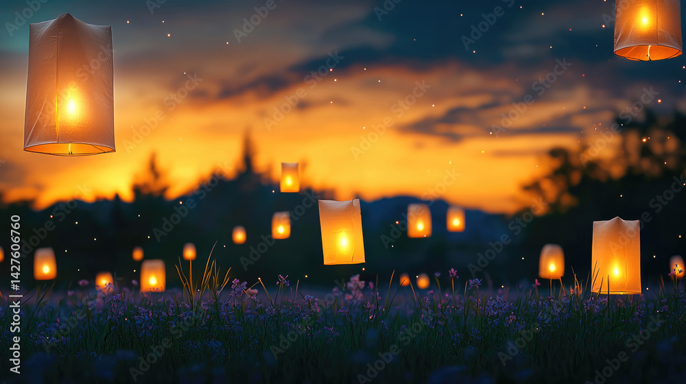 Poster magical floating lanterns illuminate evening sky, creating serene atmosphere as they drift above fie