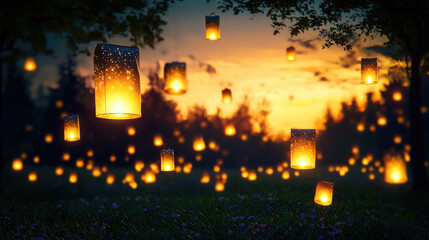 Fototapeta premium Magical floating lanterns illuminate evening sky, creating serene atmosphere filled with warmth and wonder. enchanting scene captures beauty of nature at dusk