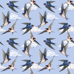 Obraz premium Flying swallow birds seamless pattern element. Watercolor painted illustration. Cute barn swallow various poses with spread wings, blue sky, white clouds background vintage style bright decoration