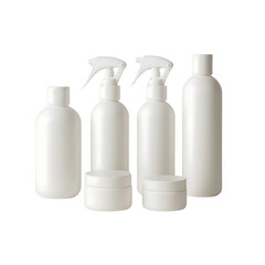 Row Assorted white plastic bottles on transparent background 