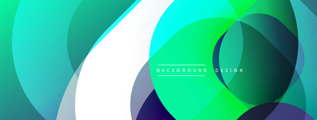 Abstract background features overlapping circles. Shades range from teal to vibrant green, with white accents. Modern design evokes fluidity, dynamism. Minimalist aesthetic suitable for digital projec