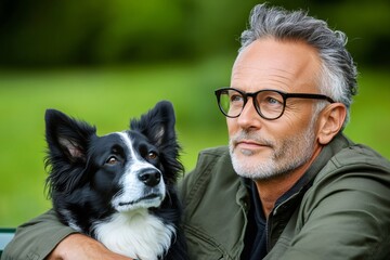 Mature man wearing eyeglasses embracing border collie dog looking away