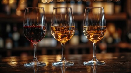 Wine Tasting: Three Glasses of Exquisite Wine on a Wooden Bar