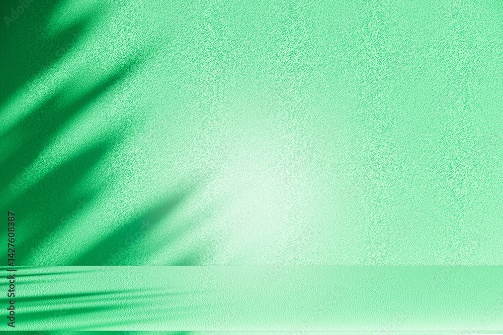 Poster Wall interior background, studio and backdrops show products. with leaf shadow from window color green and white. background for text insertion and presentation of product	
