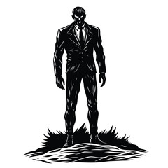 Silhouette of a Menacing Businessman Standing on Rocks