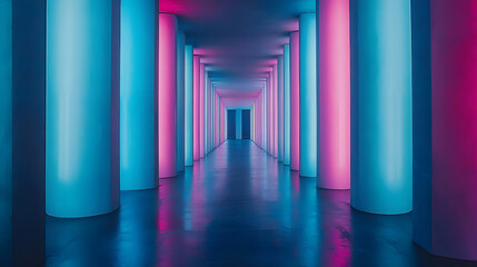 Obraz premium Neon Columns Illuminate Dark Hallway
