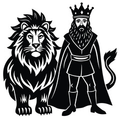 Majestic King with a Loyal Lion in Black and White