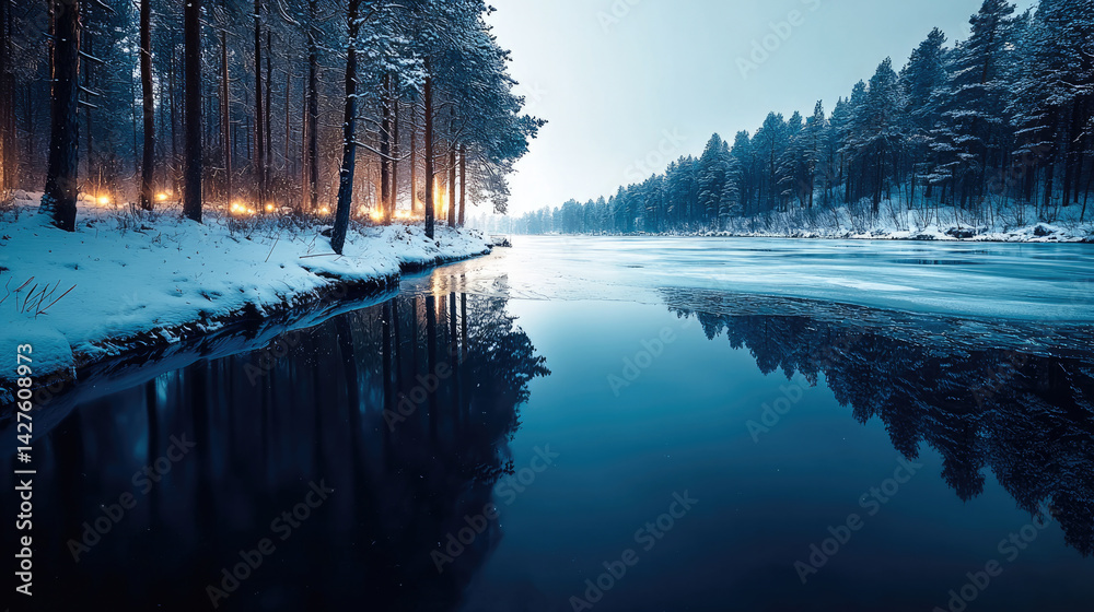 Poster serene winter landscape featuring snow covered river surrounded by tall pine trees. calm water refle