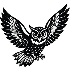 Stylized Black and White Owl in Flight Illustration