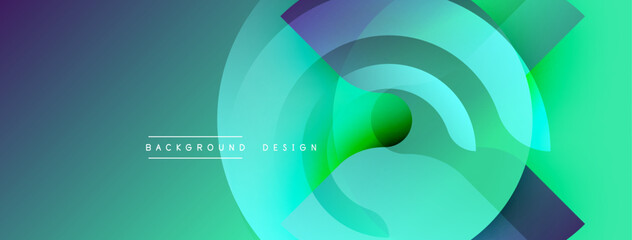 Abstract background features overlapping circular layers. Gradient shades transition from blue to vibrant green. Modern design evokes fluidity, movement, depth. Minimalist aesthetic.