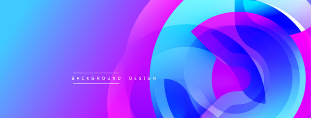 Abstract background features vibrant overlapping circles. Gradient blends purple, blue, pink hues creating dynamic visual effect. Modern design suitable for digital projects.