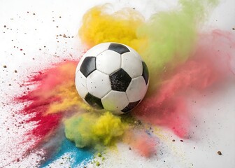 Naklejka premium Soccer Ball Exploding in White Chalk Dust Against Black Background